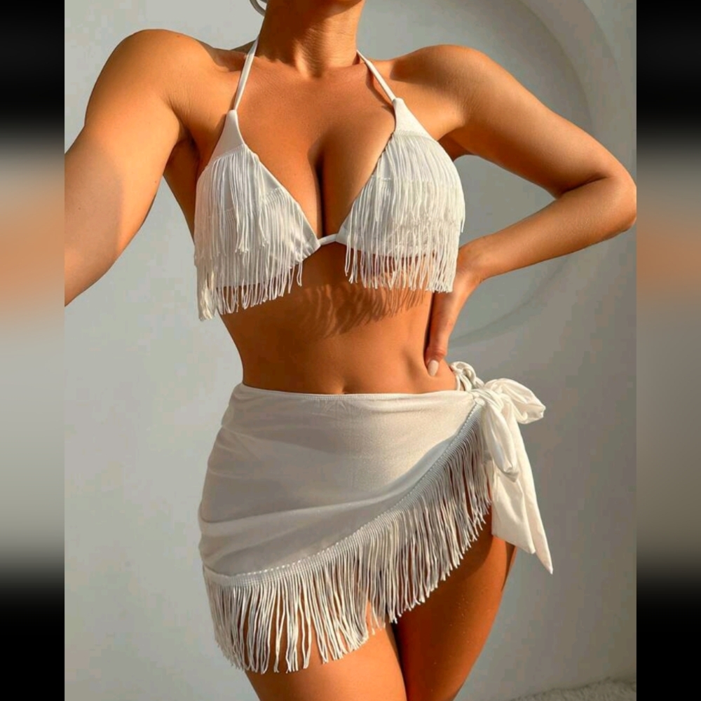 Sexy White Fringe White Thong Bikini + Coverup Set